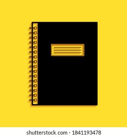 Icono de bloc de notas negro aislado en fondo amarillo. Icono de bloc de notas en espiral. Cuaderno escolar. Almohadilla de escritura. Diario de negocios. Artículos de papelería de oficina. Estilo de sombra larga. Vector.