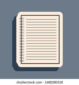 Black Notebook icon on grey background. Spiral notepad icon. School notebook. Writing pad. Diary for business. Notebook cover design. Office stationery items. Long shadow style. Vector Illustration