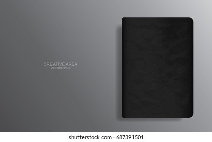 Black notebook on dark grey gradient background. Vector illustration.