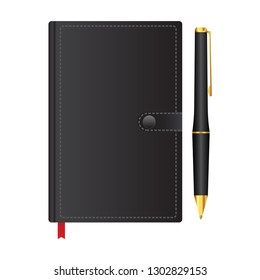 Black notebook with pen 3d for identity design. Vector realistic illustration