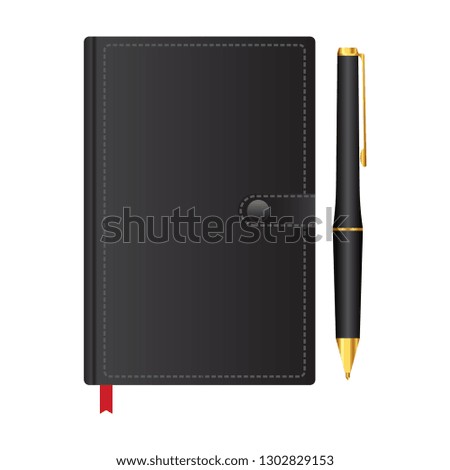 Black notebook with pen 3d for identity design. Vector realistic illustration