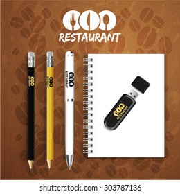 black Notebook pencil with pen drive Menu Restaurant Background coffee beans brown
