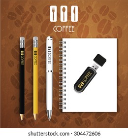  Black Notebook pencil with pen drive Menu Restaurant Background coffee beans