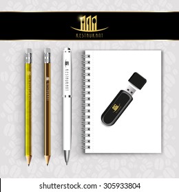 black Notebook pencil with pen drive Menu Restaurant Background coffee beans