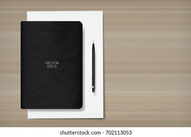 Black notebook with white paper sheet on wood pattern background. Vector illustration.