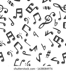Black notes seamless pattern on white background. Music theme vector background