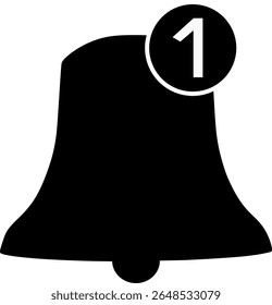 Black notification bell icon in flat style. Simple alert symbol representing reminder, message, or announcement. Commonly used in user interface design, mobile apps, websites, or notification systems.