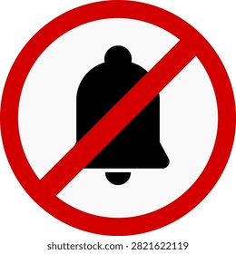 A black notification bell icon inside a red prohibition circle on a white background. This graphic represents silent mode, do not disturb settings, or muted notifications for digital interfaces and signage.