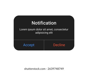 Black notification popup UI design with accept and decline buttons for mobile app and web alert interface in a minimal modern style	
