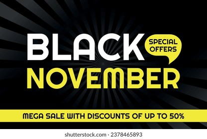 Black November Advertising Banner, Template Black and Yellow, Radial Background, Removable Texts to Edit, Special Offers, 50% off.