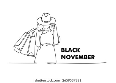 Black November concept. Single line draw design. Vector graphic illustration
