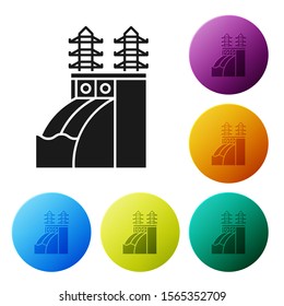 Black Nuclear power plant icon isolated on white background. Energy industrial concept. Set icons colorful circle buttons. Vector Illustration