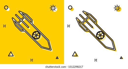 Black Nuclear rocket icon isolated on yellow and white background. Rocket bomb flies down. Random dynamic shapes. Vector Illustration