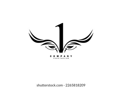 schwarz Nummer 1 Logo Design mit Flügelfederverzierung. Monogramm-Emblem, Typografie-Logo. Anfangsbuchstaben. geeignet für Firmenlogos, Unternehmen, Geburtstage, Geburtstage, Jahrestage usw.