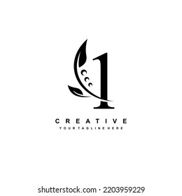 black number 1 logo with luxury black leaf ornament. 1 flourishes, 1 monograms, typography. feather logo. 1 premium designs. suitable for logos for birthdays, celebrations, anniversaries, years, etc.