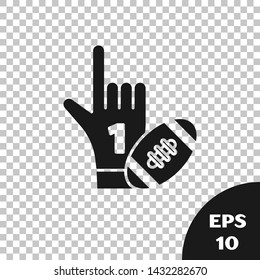 Black Number 1 one fan hand glove with finger raised and american football ball icon isolated on transparent background. Set of sport equipment.  Vector Illustration