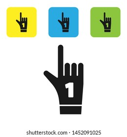 Black Number 1 one fan hand glove with finger raised icon isolated on white background. Symbol of team support in competitions. Set icons colorful square buttons. Vector Illustration