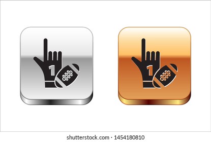 Black Number 1 one fan hand glove with finger raised and american football ball icon isolated on white background. Set of sport equipment. Silver-gold square button. Vector Illustration