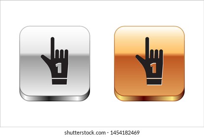 Black Number 1 one fan hand glove with finger raised icon isolated on white background. Symbol of team support in competitions. Silver-gold square button. Vector Illustration