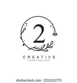 plantilla de diseño de logotipo negro número 2 con marco floral y adorno de hoja circular. el diseño número 2 es bonito y lujoso. tipografía monográfica 2. icono de número
