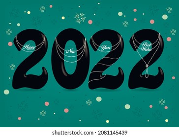 Black number 2022 with white pearl collars and texts as pendants - Happy New Year Best Wishes. Vector illustration