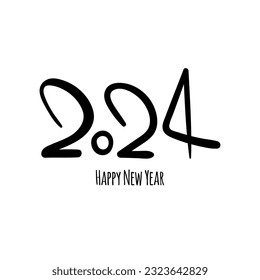 Black number 2024 hand drawn lettering text logo design. 2024 Happy New Year vector greeting card.