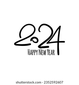 Black number 2024 hand drawn lettering text logo design. 2024 Happy New Year vector greeting card.