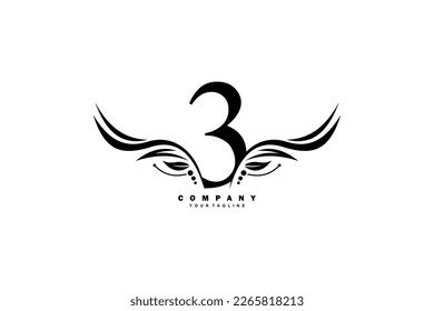 black number 3 logo design with wing shaped feather ornament. monogram emblem, typography logo. initial letters. suitable for business logos, companies, birthdays, birthdays, anniversaries, etc