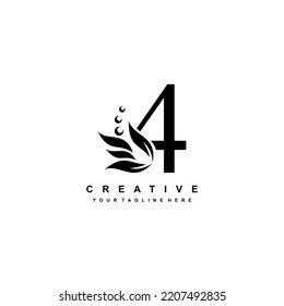 diseño de logotipo negro número 4 con adornos floridos. logotipo 4 con adornos florales y de hojas. 4 hermoso logo. diseño de logotipo de lujo número 4