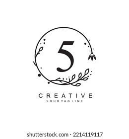 plantilla de diseño del logotipo negro número 5 con marco floral y adorno de hoja circular. el diseño número 5 es bonito y lujoso. tipografía monográfica 5. icono de número