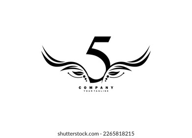 black number 5 logo design with wing shaped feather ornament. monogram emblem, typography logo. initial letters. suitable for business logos, companies, birthdays, birthdays, anniversaries, etc