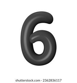 Black number 6. 3D volumetric render figure. Black realistic plastic number with highlights. Vector illustration