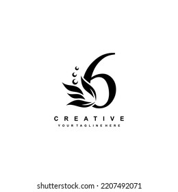 black number 6 logo design with flourish ornaments. logo 6 with floral and leaf ornaments. 6 beautiful logo. luxury number 6 logo design