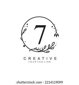 black number 7 logo design template with floral frame and circular leaf ornament. design number 7 is beautiful and luxurious. monogram typography 7. number icon