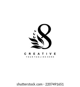 black number 8 logo design with flourish ornaments. logo 8 with floral and leaf ornaments. 8 beautiful logo. luxury number 8 logo design