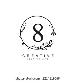 plantilla de diseño del logotipo del número negro 8 con marco floral y adorno de hoja circular. el diseño número 8 es bonito y lujoso. tipografía monográfica 8. icono de número