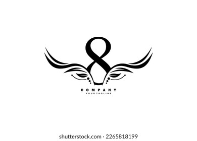 black number 8 logo design with wing shaped feather ornament. monogram emblem, typography logo. initial letters. suitable for business logos, companies, birthdays, birthdays, anniversaries, etc