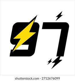 Vetor número 97 preto com conceito elegante de raio amarelo.