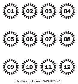 Black number bullet points from 1 to 12. Simple number vector