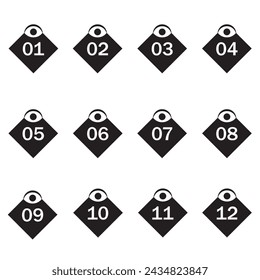 Black number bullet points from 1 to 12. Simple number vector
