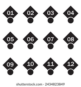 Viñetas de números negros del 1 al 12. Vector de número simple