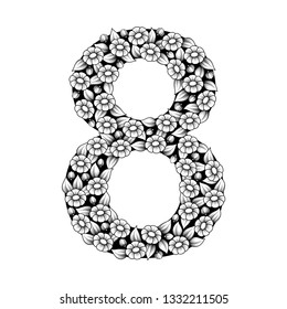 Black number eight with white flowers and leaves