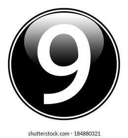 Black number nine button on white background.