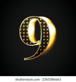 Black number Nine is shiny with a golden frame glowing towards the right. Vector object