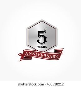 black number on silver hexagon with red ribbon bellow for anniversary logo vector