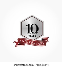 black number on silver hexagon with red ribbon bellow for anniversary logo vector