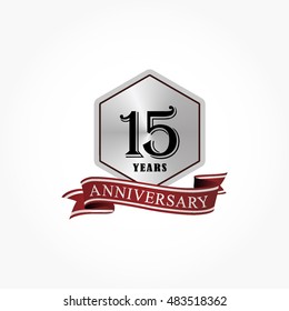 black number on silver hexagon with red ribbon bellow for anniversary logo vector