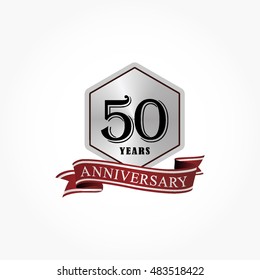 black number on silver hexagon with red ribbon bellow for anniversary logo vector