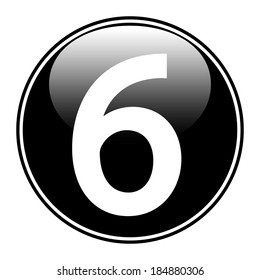 Black number six button on white background.