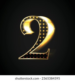 Black number Two is shiny with a golden frame glowing towards the right. Vector object